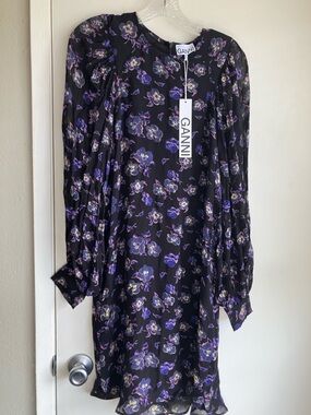 NWT GANNI Georgette Floral Mini Dress Balloon Sleeve Size EU 40 US 8/10